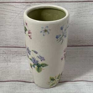 Vintage White Floral Vase with Pink and Blue Flowers Decorative Pottery 6 7/8"H